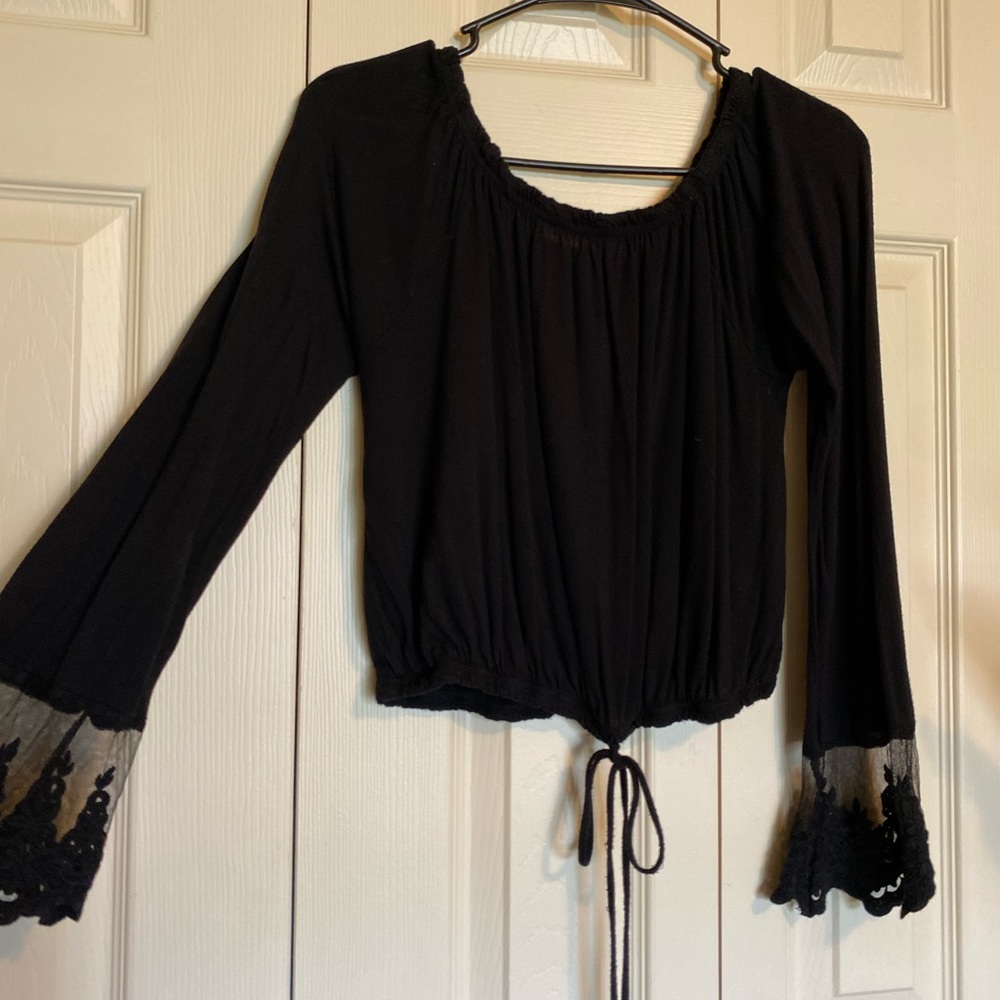 Black bell long sleeve crop top with tie bottom
